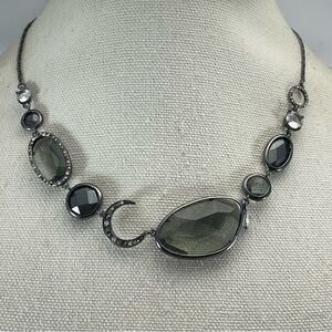 Fossil Black Gunmetal Tone Smoke Glass Rhinestone Celestial Necklace Statement